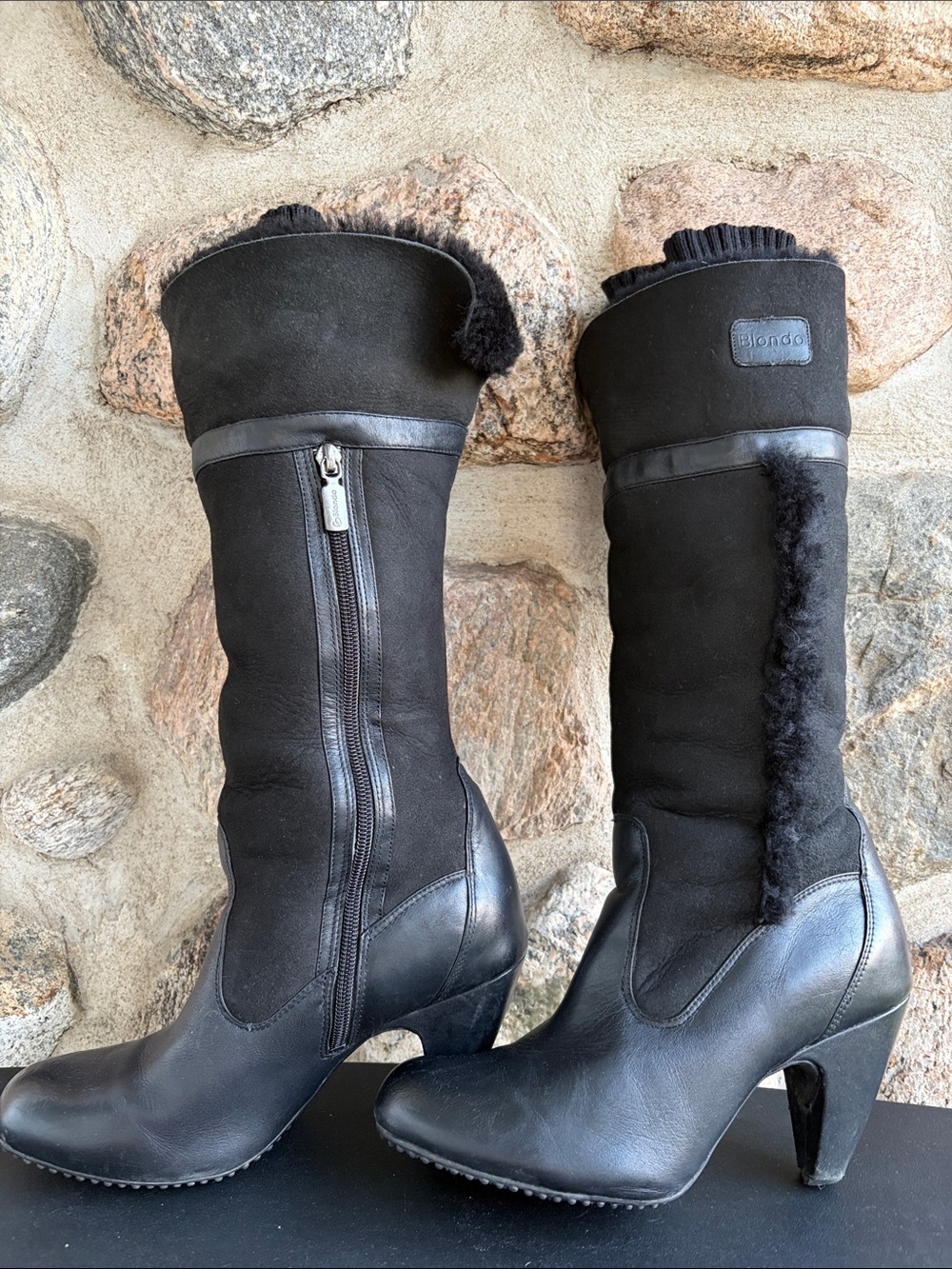 Blondo Black Leather and Suede Mid-Calf Heeled Boots